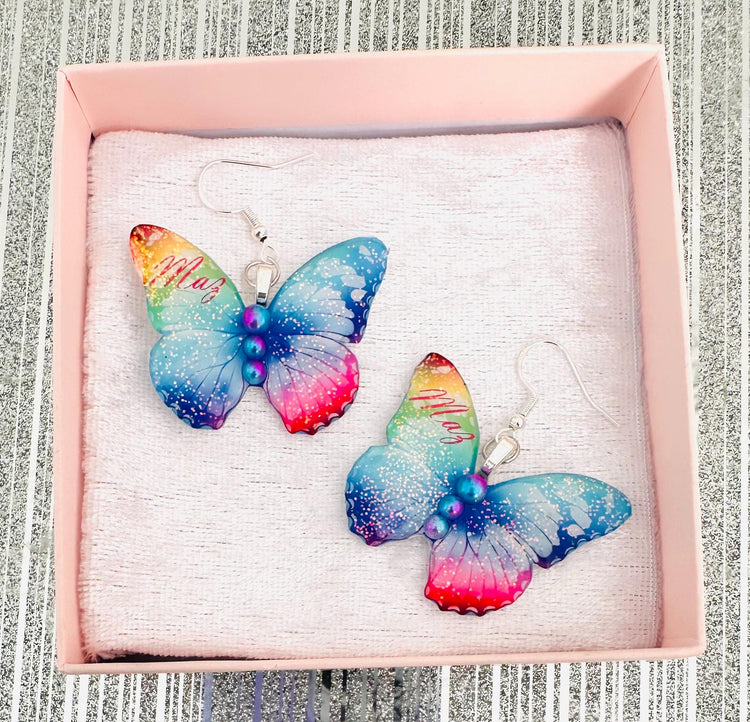 Pretty personalised earrings with name, initial or birthday age. Unique butterfly earrings, birthday, 16th,18th,21st,30th,40th,50th.