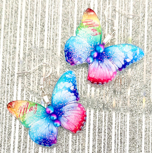 Pretty personalised earrings with name, initial or birthday age. Unique butterfly earrings, birthday, 16th,18th,21st,30th,40th,50th.