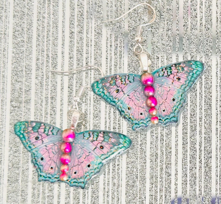 Pretty butterfly earrings. Green and pink Peacock butterfly native to USA. Shiny, unique butterfly earrings. handmade in UK. Boho, hippy.