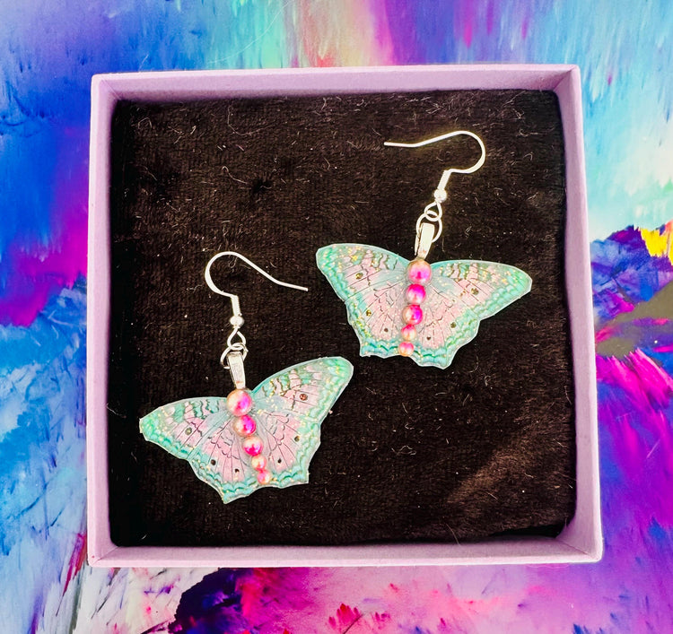 Pretty butterfly earrings. Green and pink Peacock butterfly native to USA. Shiny, unique butterfly earrings. handmade in UK. Boho, hippy.