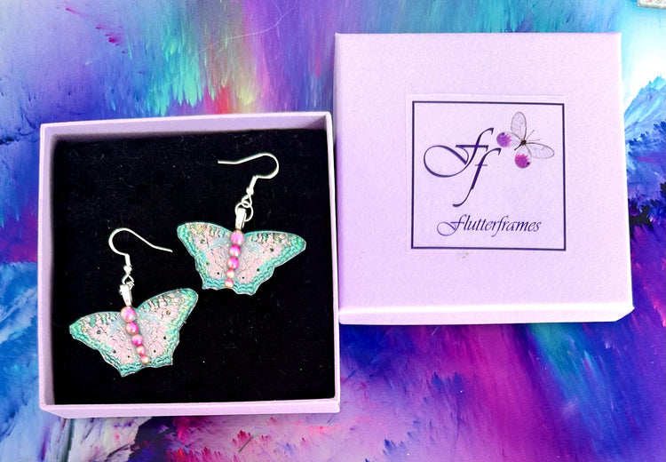 Pretty butterfly earrings. Green and pink Peacock butterfly native to USA. Shiny, unique butterfly earrings. handmade in UK. Boho, hippy.