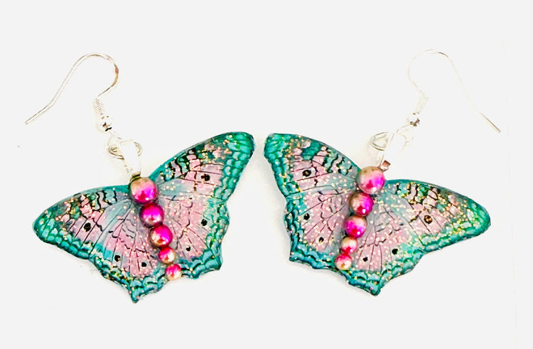 Pretty butterfly earrings. Green and pink Peacock butterfly native to USA. Shiny, unique butterfly earrings. handmade in UK. Boho, hippy.