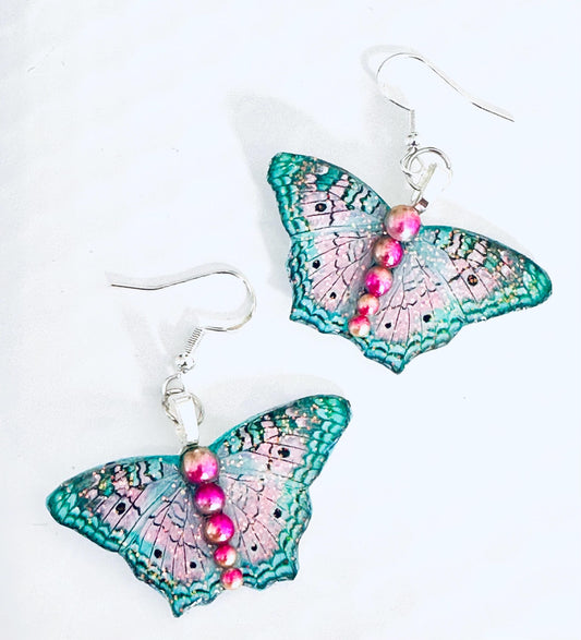 Pretty butterfly earrings. Green and pink Peacock butterfly native to USA. Shiny, unique butterfly earrings. handmade in UK. Boho, hippy.