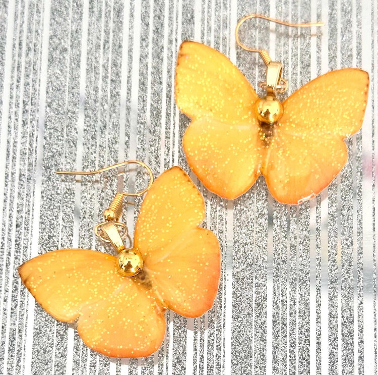 Orange Barred Sulphur Butterfly earrings. Yellow earring's with gold  gem. Quirky yellow butterfly earrings. Unique to flutterframes.