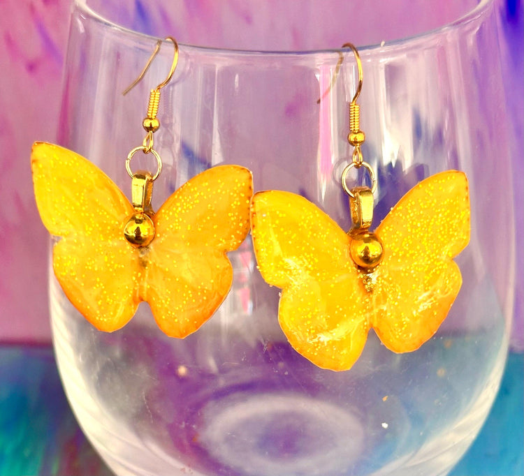 Orange Barred Sulphur Butterfly earrings. Yellow earring's with gold  gem. Quirky yellow butterfly earrings. Unique to flutterframes.