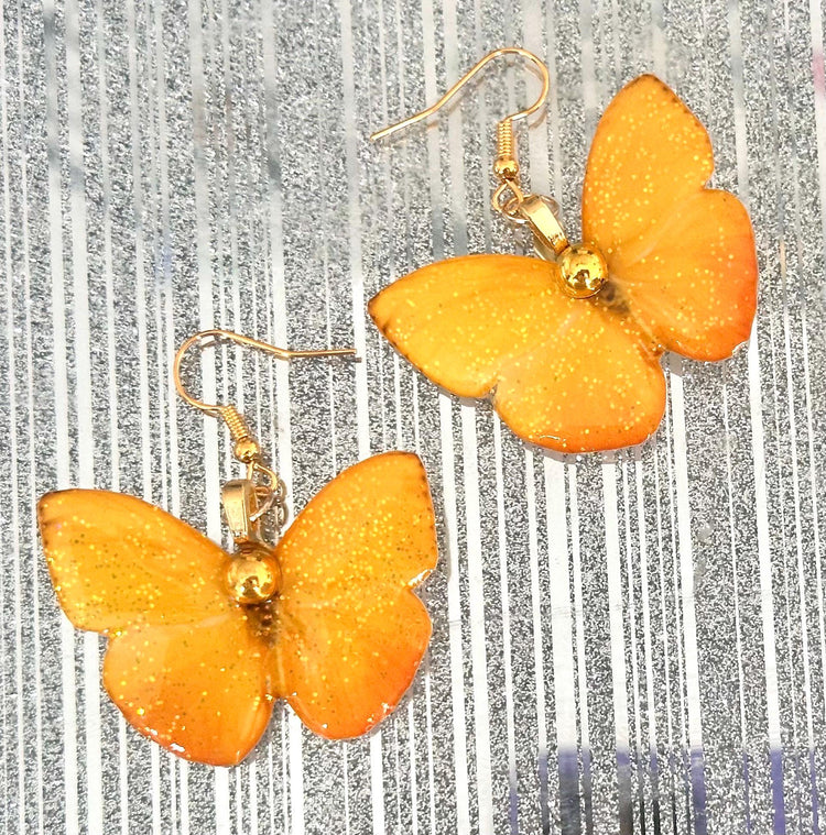 Orange Barred Sulphur Butterfly earrings. Yellow earring's with gold  gem. Quirky yellow butterfly earrings. Unique to flutterframes.