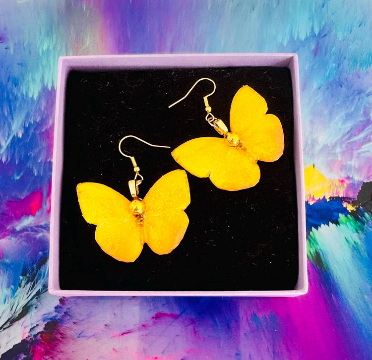 Orange Barred Sulphur Butterfly earrings. Yellow earring's with gold  gem. Quirky yellow butterfly earrings. Unique to flutterframes.