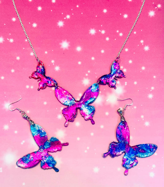 Tin jewellery. Very pretty butterfly necklace and earrings set. Made from soda cans. Pink and purple abstract butterfly earrings, handmade.