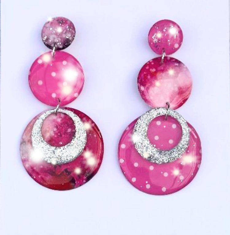 Bright Pink Handmade Polka dot earrings