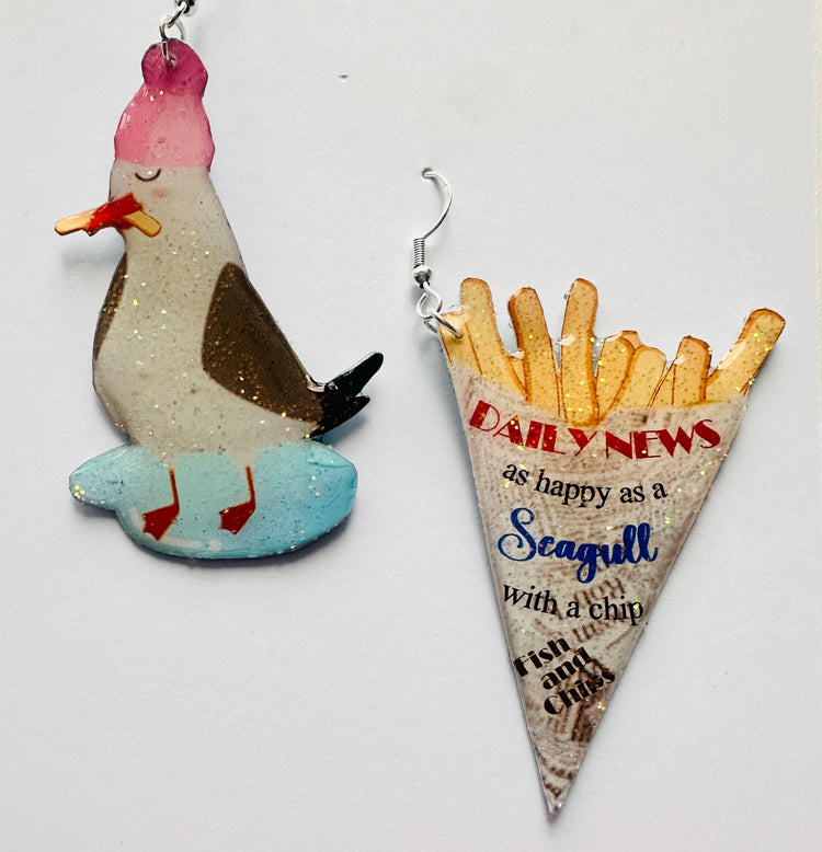 Seagull and Chips fun Earrings,Recycled tin can Earrings, quirky,statement jewellery, hand crafted sparkle earrings.