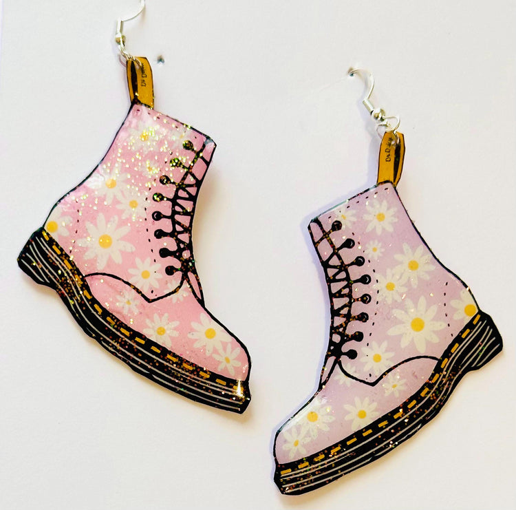 Dr Marten's boot style earrings,lilac and pink earrings, DM's style earrings.Recycled tin can Earrings,hand crafted sparkle earrings.