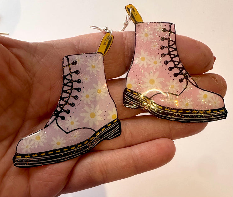 Dr Marten's boot style earrings,lilac and pink earrings, DM's style earrings.Recycled tin can Earrings,hand crafted sparkle earrings.