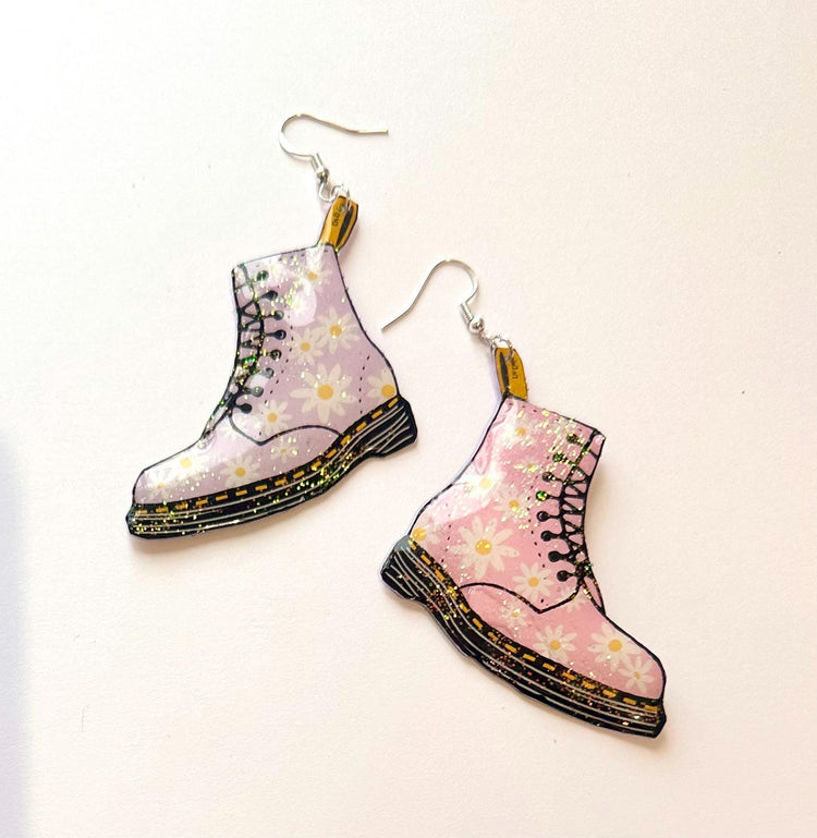 Dr Marten's boot style earrings,lilac and pink earrings, DM's style earrings.Recycled tin can Earrings,hand crafted sparkle earrings.