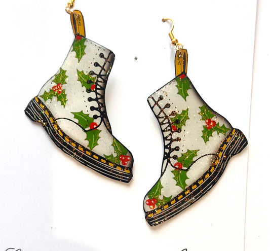 Christmas Dr Marten's boot style earrings, DM's style earrings with holly leaves.Recycled tin can Earrings,hand crafted sparkle earrings.