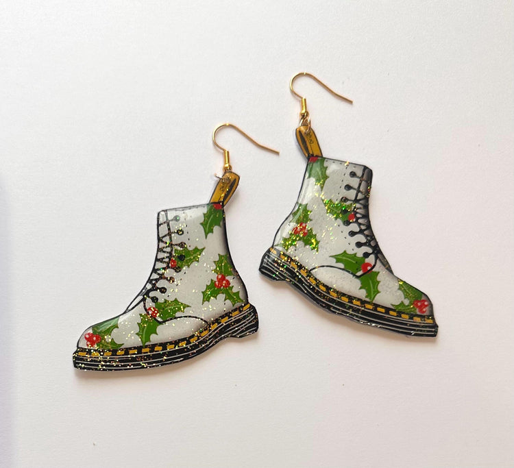 Christmas Dr Marten's boot style earrings, DM's style earrings with holly leaves.Recycled tin can Earrings,hand crafted sparkle earrings.