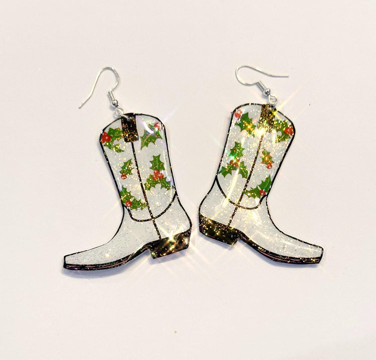 Christmas Cowboy boots earrings, Dallas Cowgirl earrings with holly leaves.Recycled tin can Earrings,hand crafted sparkle earrings.