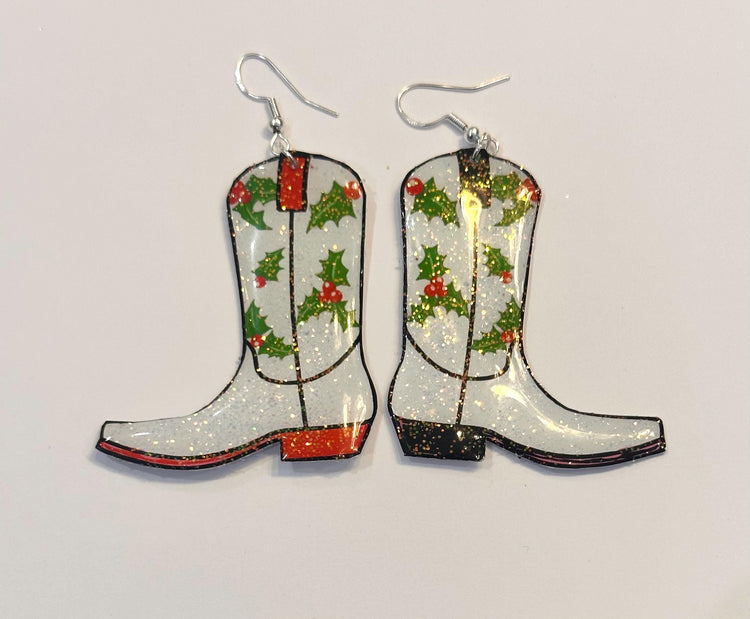 Christmas Cowboy boots earrings, Dallas Cowgirl earrings with holly leaves.Recycled tin can Earrings,hand crafted sparkle earrings.