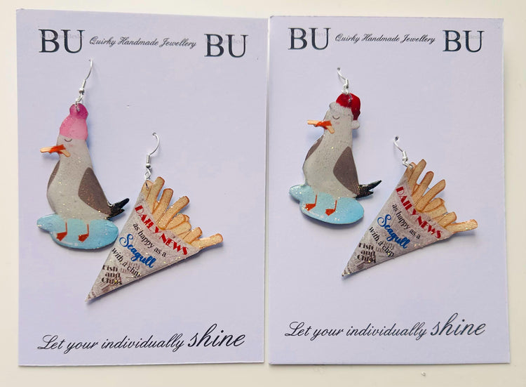 Seagull and Chips fun Earrings,Recycled tin can Earrings, quirky,statement jewellery, hand crafted sparkle earrings.