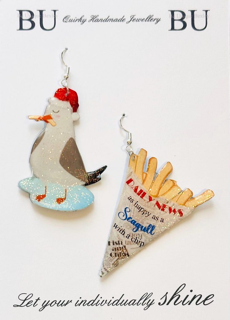 Seagull and Chips fun Earrings,Recycled tin can Earrings, quirky,statement jewellery, hand crafted sparkle earrings.