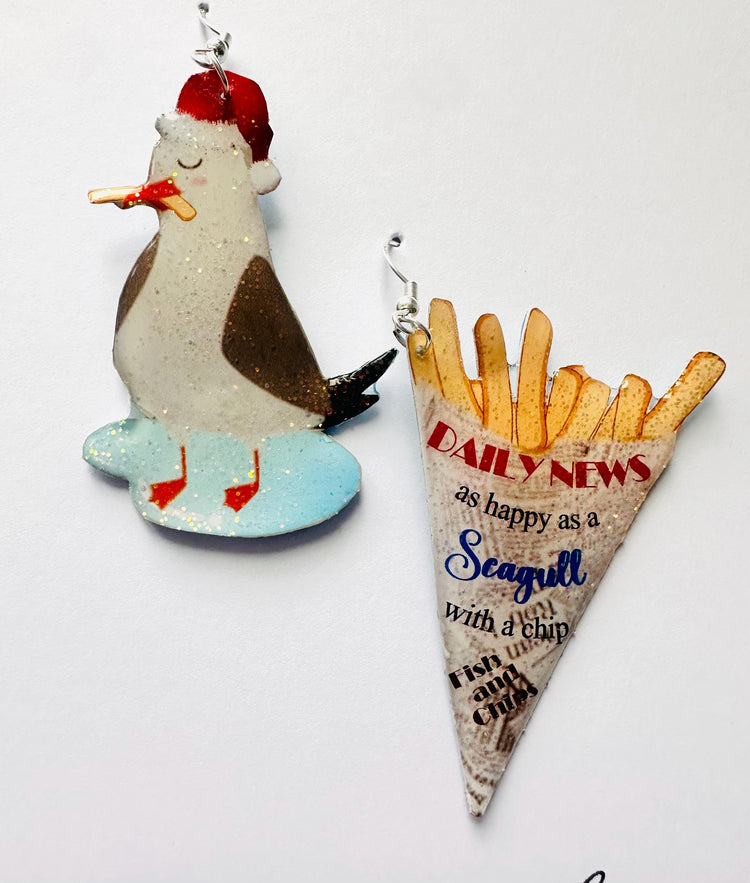 Seagull and Chips fun Earrings,Recycled tin can Earrings, quirky,statement jewellery, hand crafted sparkle earrings.