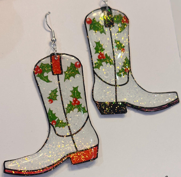 Christmas Cowboy boots earrings, Dallas Cowgirl earrings with holly leaves.Recycled tin can Earrings,hand crafted sparkle earrings.