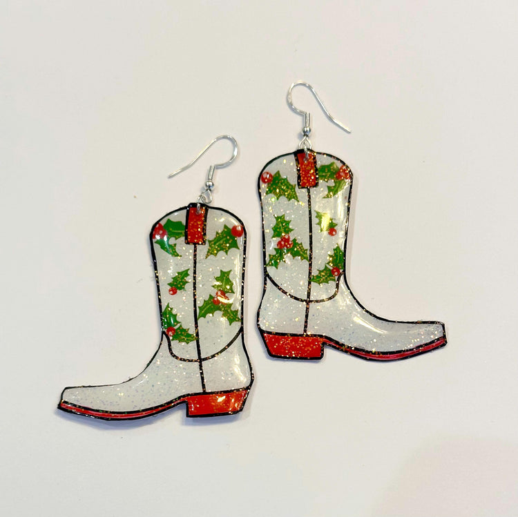 Christmas Cowboy boots earrings, Dallas Cowgirl earrings with holly leaves.Recycled tin can Earrings,hand crafted sparkle earrings.