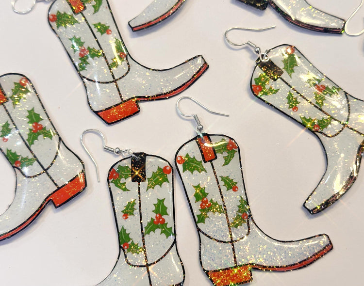 Christmas Cowboy boots earrings, Dallas Cowgirl earrings with holly leaves.Recycled tin can Earrings,hand crafted sparkle earrings.