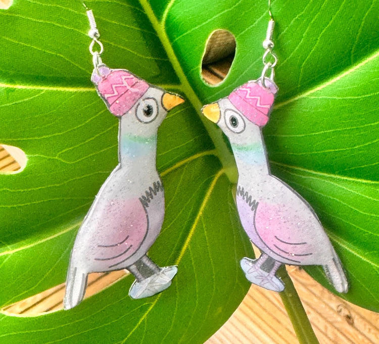 Pigeon dangle earrings, handmade from recycled tin cans