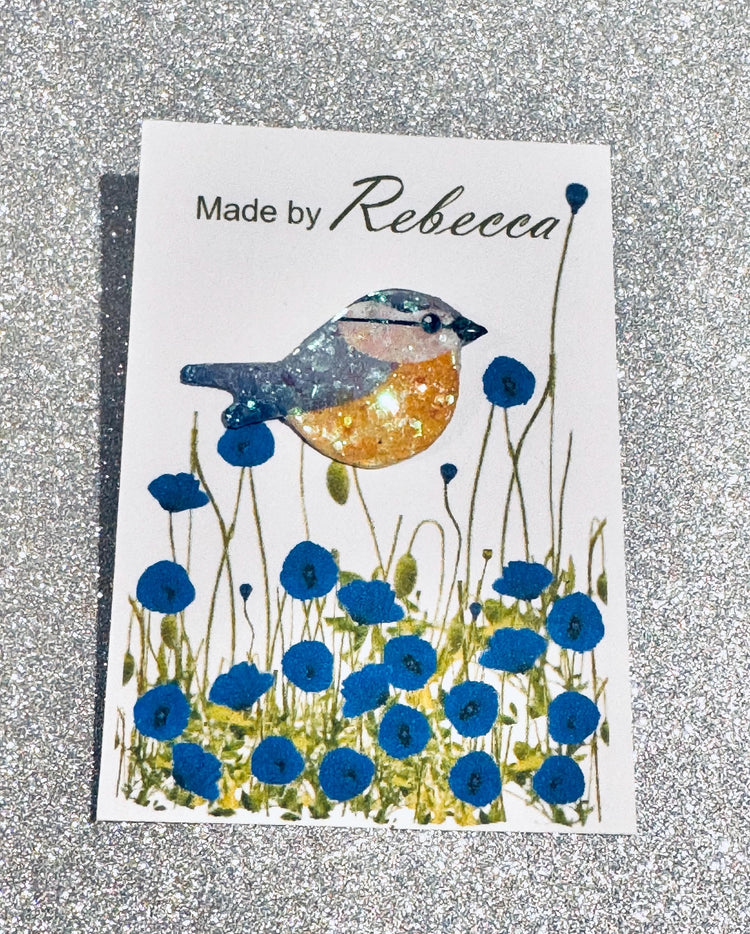 Bluetit enamel Pin  made from recycled tin cans and chunky glitter. Handmade Blue Bluetit pin brooch- lapel-badge