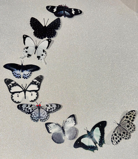 9 Black and white sparkly butterflies. Glittery wall decoration.Glitzy wedding decor. Lounge wall. Black  and white decor. hand crafted