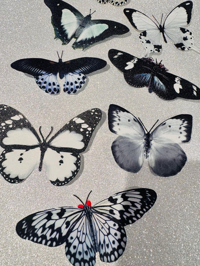 Handmade Black and white sparkly butterflies. Glittery wall decoration