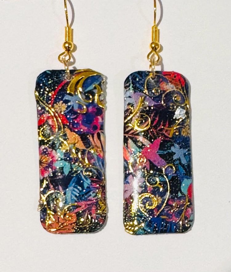 handmade-lightweight Tin earrings Blues.Floral with birds Recycled tin can