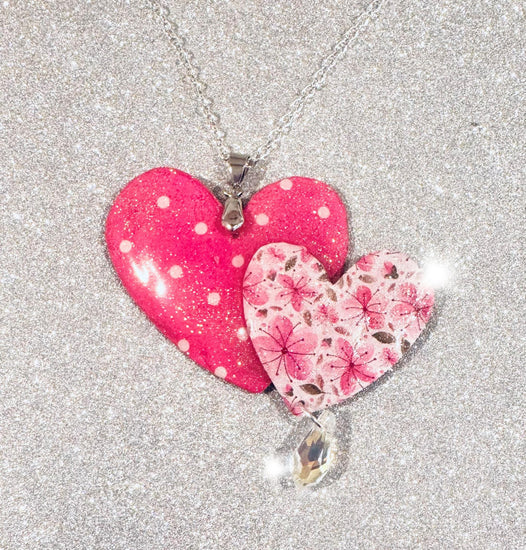  Pink heart pendant. Polka dot and floral heart necklace.Pink wonky heart 10th anniversary gift