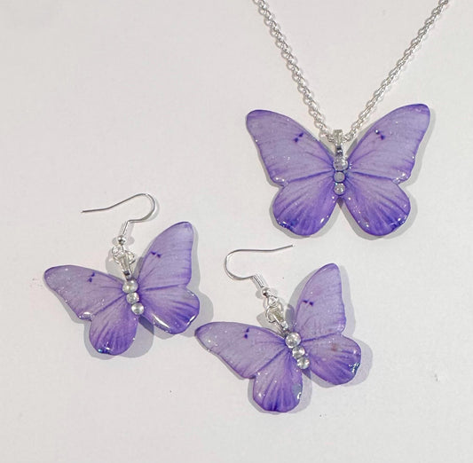 Beautiful lilac butterfly earrings and pendant set. Sparkly purple butterfly jewellery. Butterflies from tin cans! Very unique and chic.