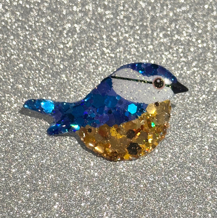 Bluetit enamel Pin  made from recycled tin cans and chunky glitter. Handmade Blue Bluetit pin brooch- lapel-badge