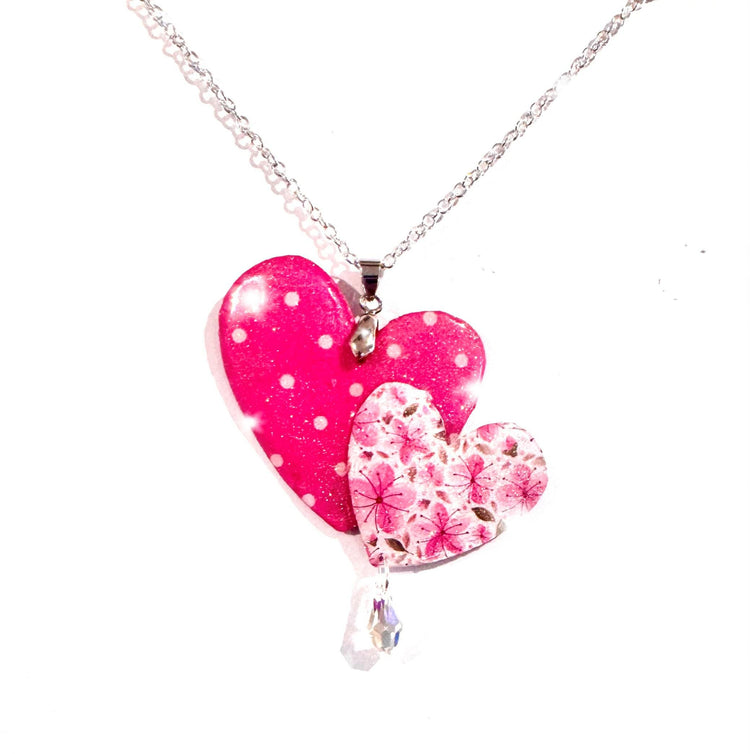 Double Pink heart pendant. Polka dot and floral heart necklace