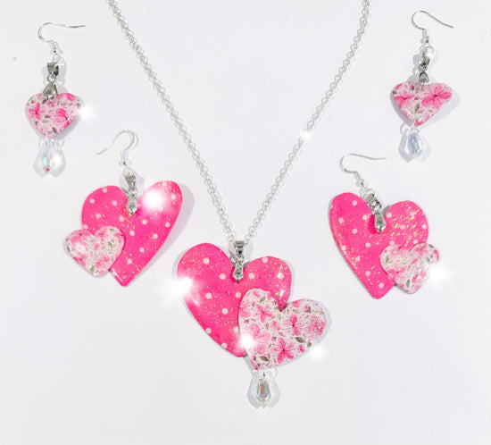 Double Pink heart pendant. Polka dot and floral heart necklace.Pink wonky heart earrings Funky.Tin can earrings