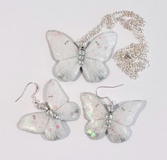 Beautiful white butterfly earrings and pendant set. Sparkly white butterfly jewellery. Butterflies from tin cans! Very unique and chic.