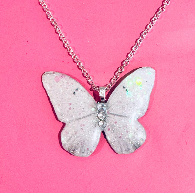 Beautiful white butterfly pendant set. Sparkly white butterfly jewellery. Butterflies from tin cans! Very unique and chic.