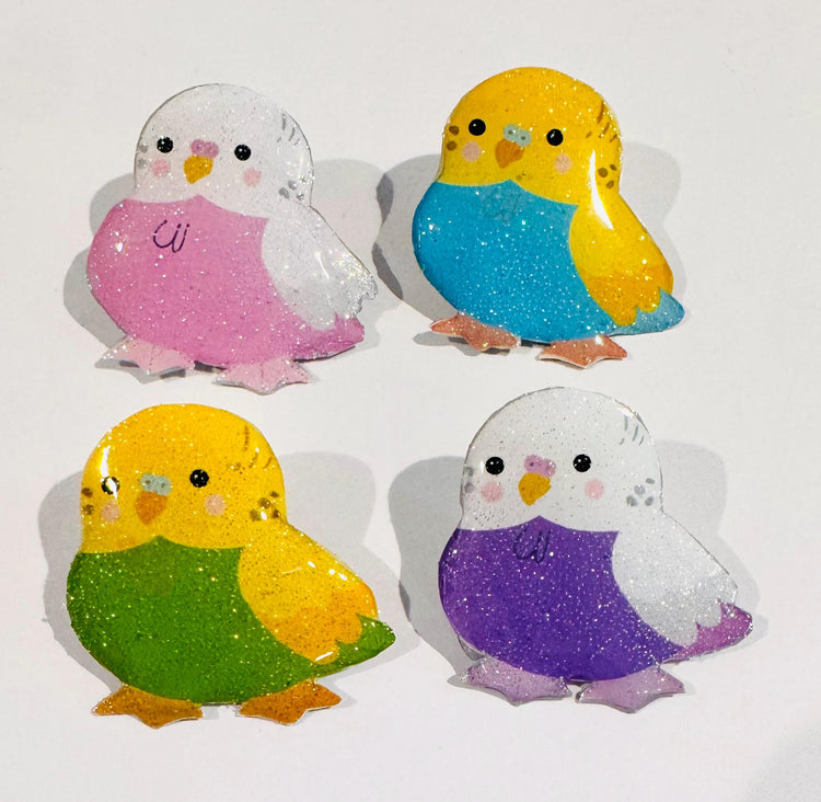 Budgerigar  enamel pins. Budgie pin, brooch. Budgerigar bird in 4 colours. Handmade from tin cans, unique. Pink, blue,lilac and green