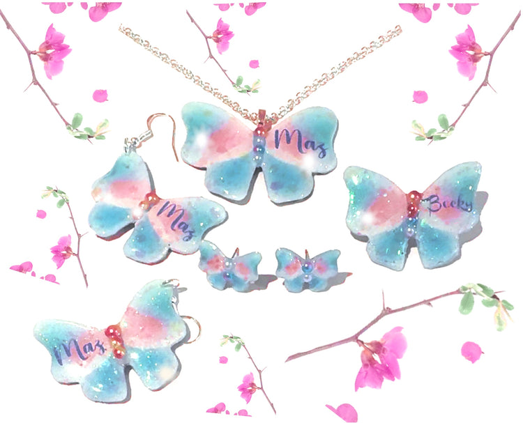 personalised butterfly name jewellery set recycled from tin soda cans