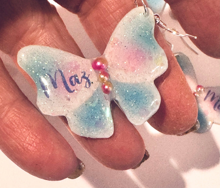 handmade personalised butterfly name earrings