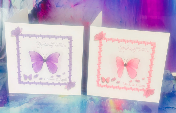 pink and lilac wedding butterfly card