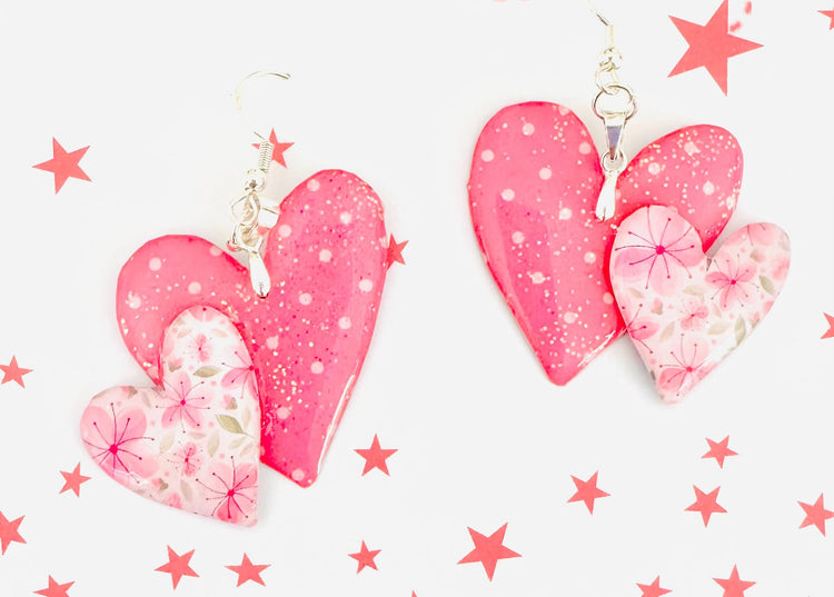 pink double heart handmade earrings