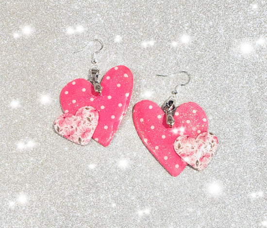 .Pink wonky heart earrings Funky bright. Tin can earrings.10th anniversary gift