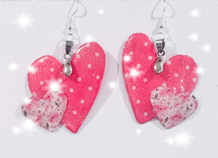 Pink heart drop earrings. Polka dot and floral heart earrings.Pink wonky heart earrings Funky bright. Tin can earrings.10th anniversary gift