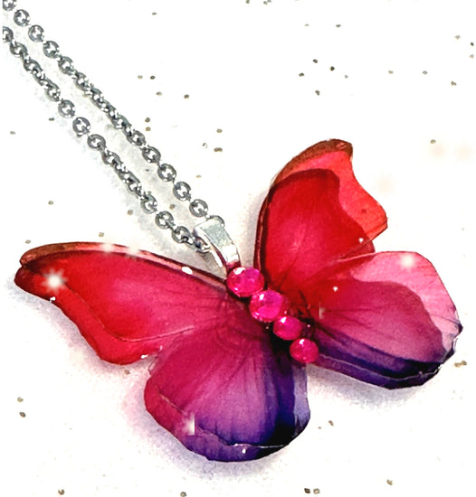 Pink and lilac double butterfly pendant. Pink and lilac iridescent resin butterfly necklace