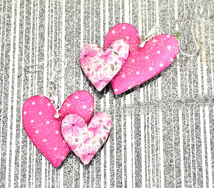 polka dot pink heart earrings