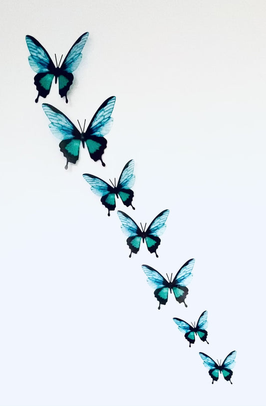 7 3d Teal colour butterflies. Horniman Turquoise natural butterflies, 3d stickers