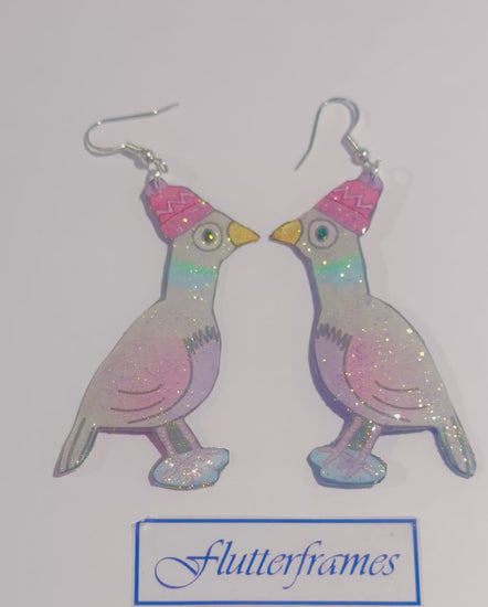 Funky Pigeon dangle earrings, handmade from recycled tin cans